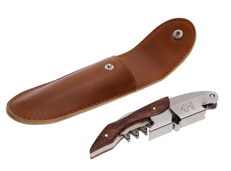 Mini Skater Professional Wine Opener Keys Natural Wood Handle Double-Hinged Stainless Steel Screw Beer Bottle Corkscrew with Leather Pouch For Bartenders Waiters Servers,1Pcs (B Style + Pouch) - Image 1